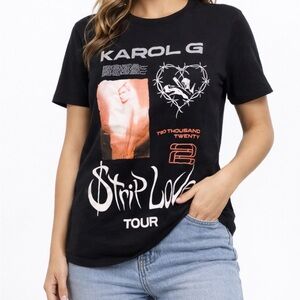 ✨ Karol G Strip Love Tour Black Graphic Cotton Tee Fan Shirt Size S‎ ✨